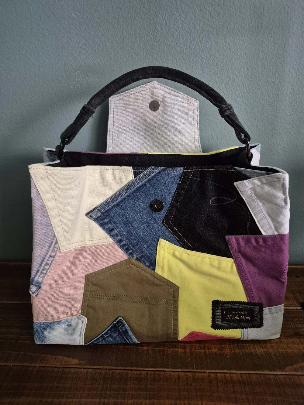 Multicolor Denim Patchwork Satchel/Tote Bag